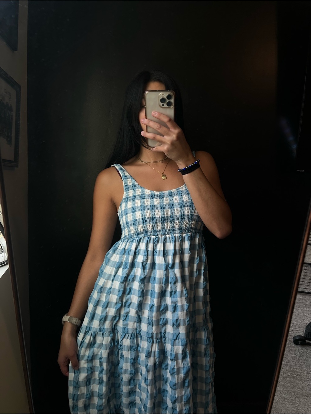 ASOS Light Blue Gingham Smocked Long Dress